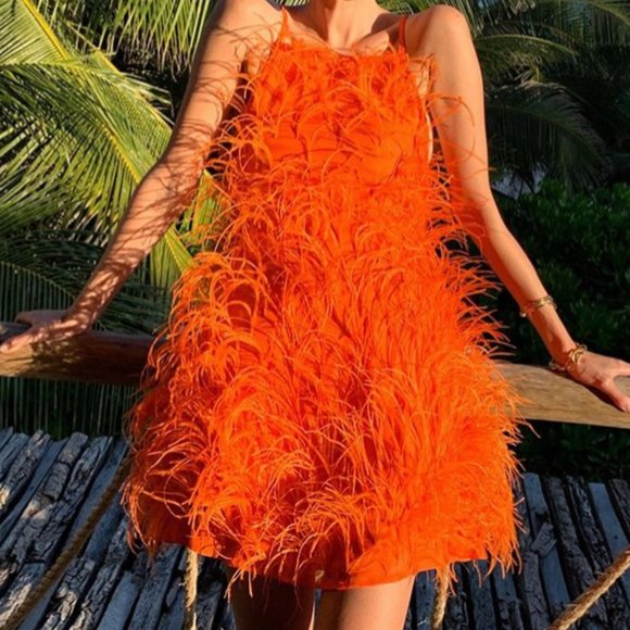 cult gaia orange feather dress Raisa Gown in Papaya dimensional volume Dry clean only ROMAN HOLIDAY. Hand draped and